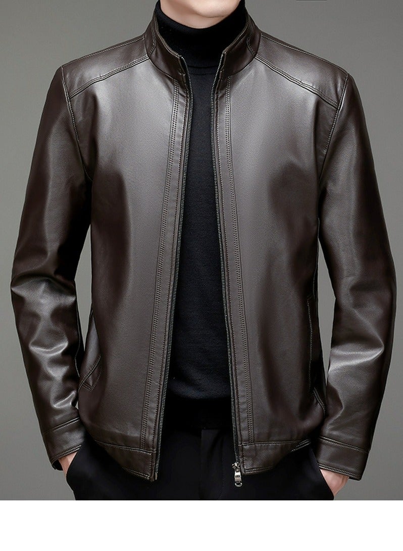 Loquat Men's Zipper Casual Leather Jacket Stand Collar Slim Fit Coat With Thin Inner Linning Brown  - Image 1