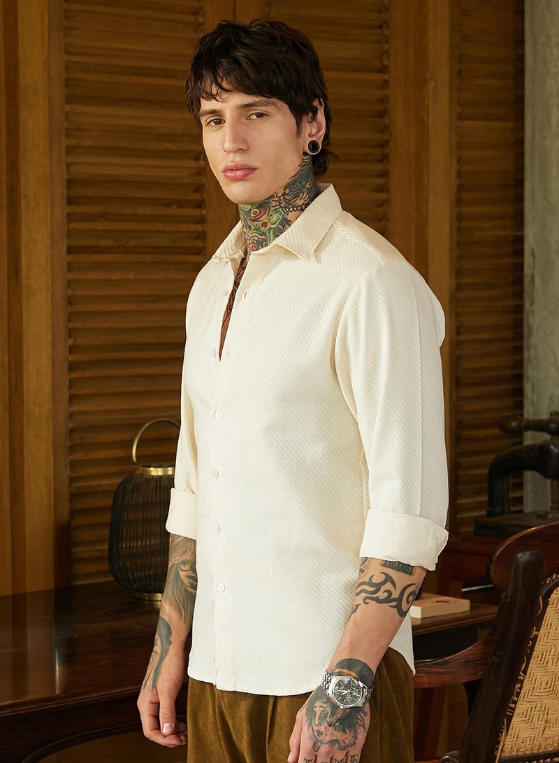 Campus Sutra Men's Cream White Slanted-Trough Shirt - Image 3