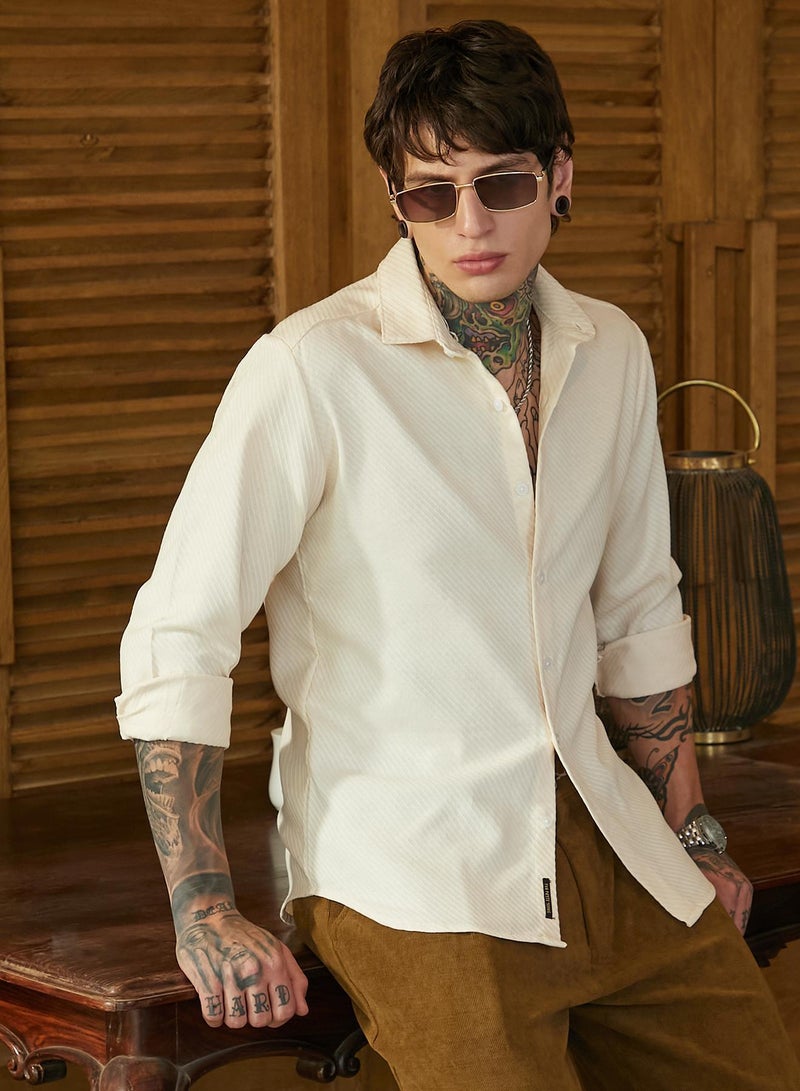 Campus Sutra Men's Cream White Slanted-Trough Shirt - Image 1