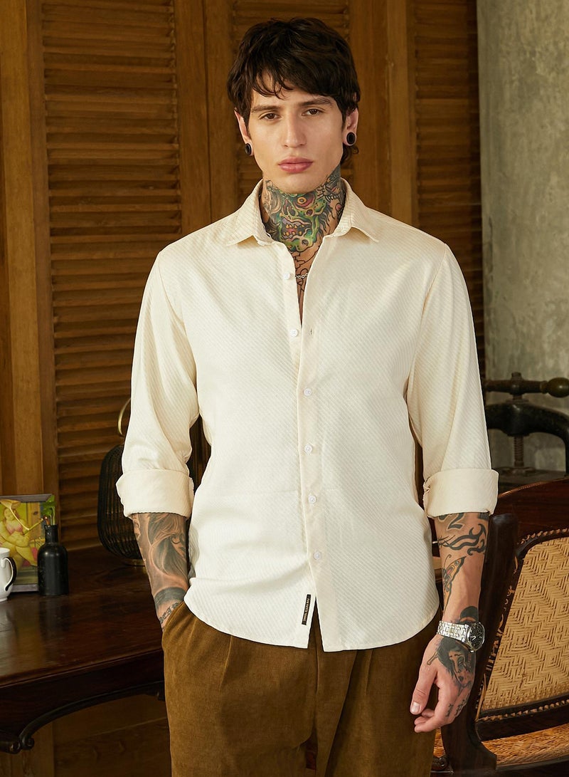 Campus Sutra Men's Cream White Slanted-Trough Shirt - Image 2