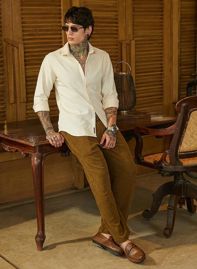 Campus Sutra  Men's Cream White Slanted-Trough Shirt for Men | Best Price UAE