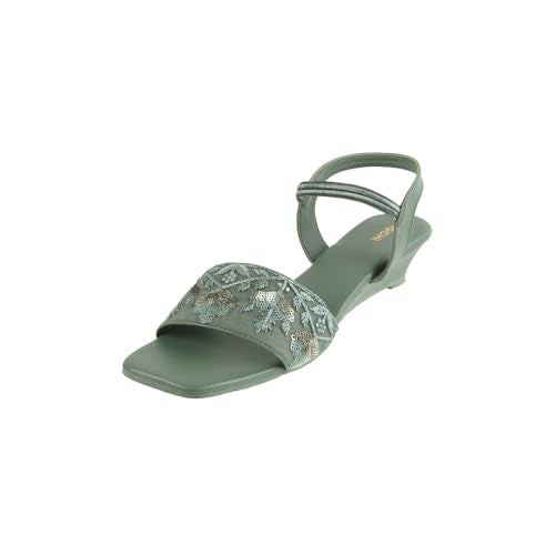 Mochi Women Green Embellished Fashion Wedge Sandals UK/4 EU/37 (33-625) - Image 1