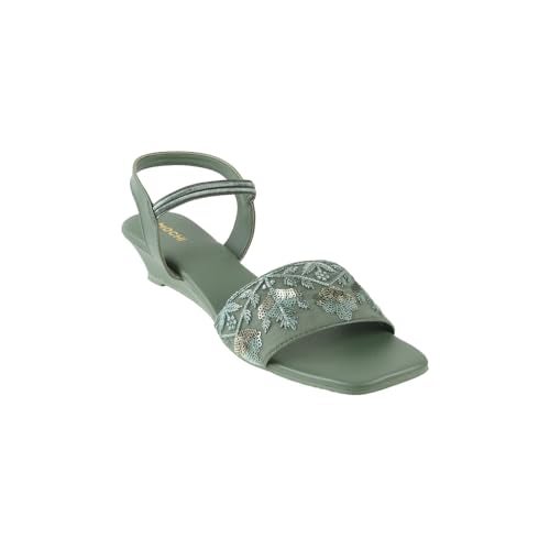 Mochi Women Green Embellished Fashion Wedge Sandals UK/4 EU/37 (33-625) - Image 3