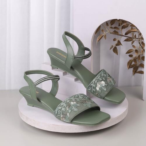Mochi Women Green Embellished Fashion Wedge Sandals UK/4 EU/37 (33-625) - Image 2