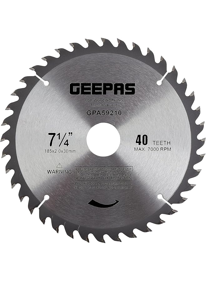 GEEPAS Professional Circular Saw Blade 185 Mm X 2 Mm X 30 Mm Size 40 Teeth Silver Black 