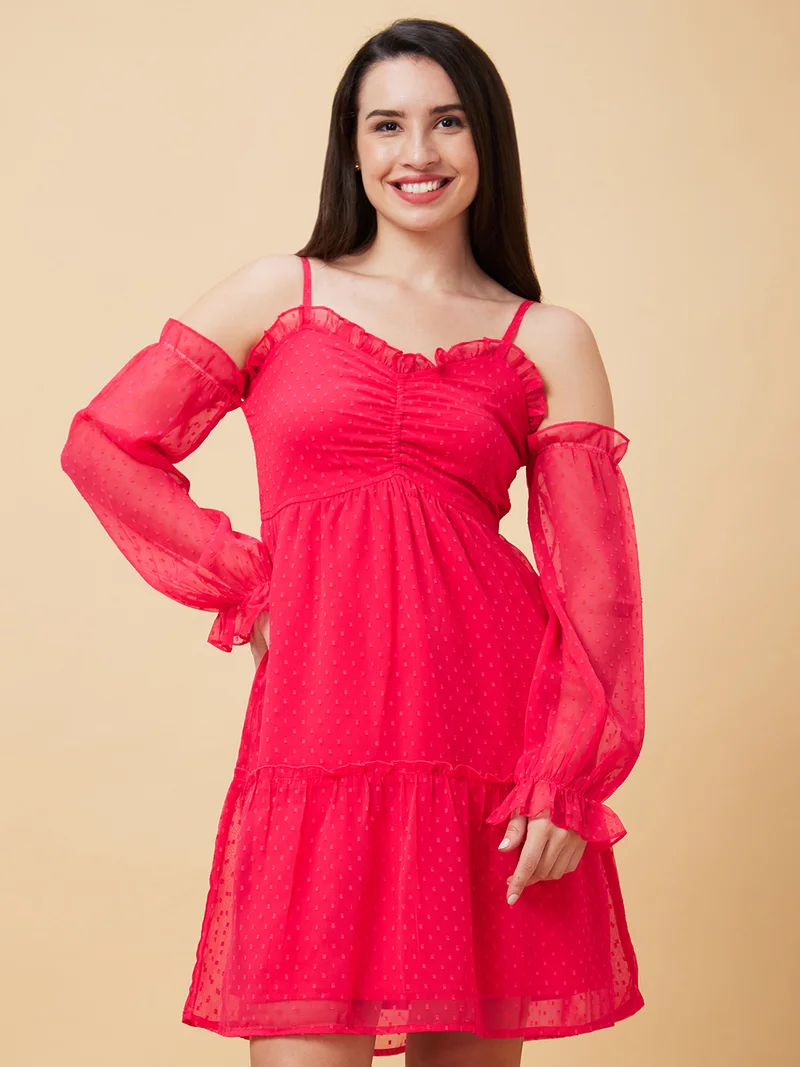 globus Globus Women Pink Self Design Cold-Shoulder Shoulder Straps Gathered Tiered Fit & Flare Dress