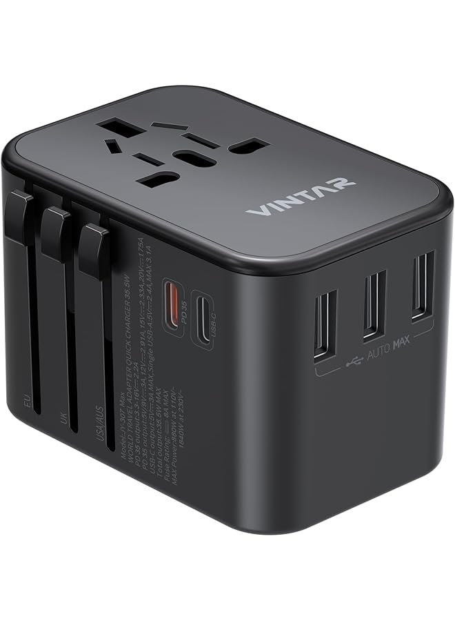 VINTAR Universal Travel Adapter, 35.5W International Power Adapter with 3 USB A QC & 2 USB C PD, Worldwide Travel Essentials for EU/UK/USA/AUS (Type C/G/A/I), Black