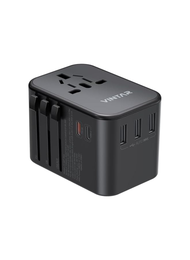 VINTAR محول سفر عالمي VINTAR، محول طاقة دولي 35.5 واط مع 3 USB A QC و 2 USB C PD، أساسيات السفر حول العالم لـ EU/UK/USA/AUS (النوع C/G/A/I)، أسود - Image 2