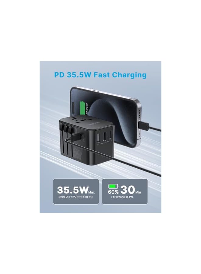 VINTAR محول سفر عالمي VINTAR، محول طاقة دولي 35.5 واط مع 3 USB A QC و 2 USB C PD، أساسيات السفر حول العالم لـ EU/UK/USA/AUS (النوع C/G/A/I)، أسود - Image 3