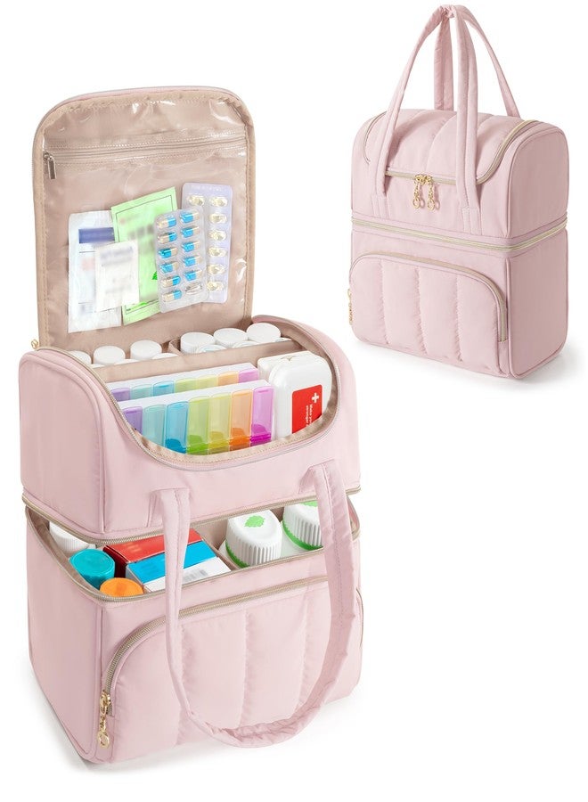 Damero Double Layers Medicine Bottle Organizer, Lockable Pill Bottle Organizer Medicine Bag with Lockable Zipper and Detachable Dividers for Medication, Vitamins or Medical Supplements, Pink - Image 1