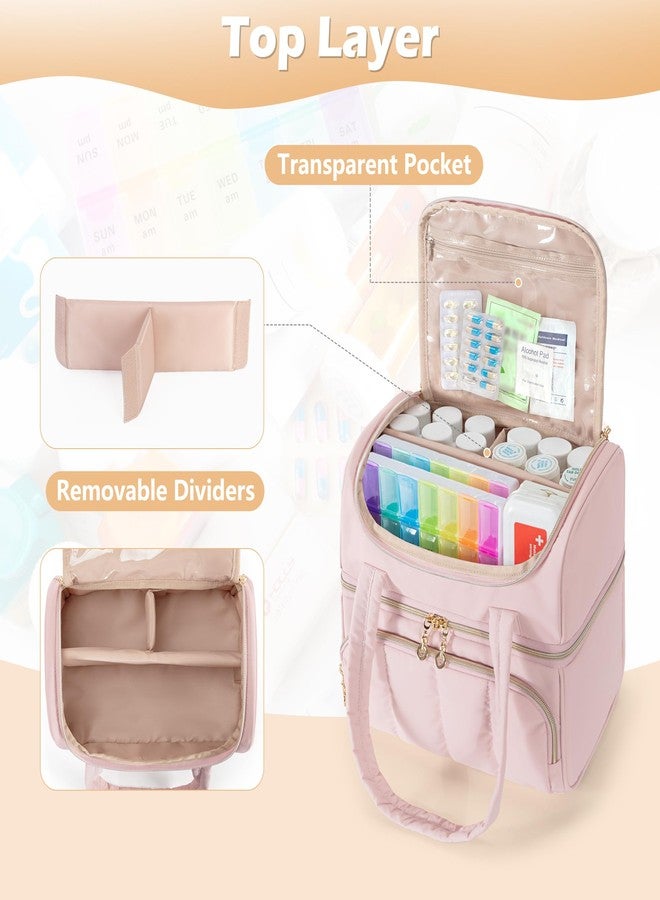 Damero Double Layers Medicine Bottle Organizer, Lockable Pill Bottle Organizer Medicine Bag with Lockable Zipper and Detachable Dividers for Medication, Vitamins or Medical Supplements, Pink - Image 2