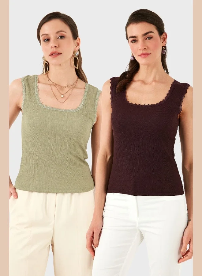 Lela Lela Slim Fit Thick Lace Square Neck Crepe 2-Pack Undershirt Women's Undershirt 5864979S2