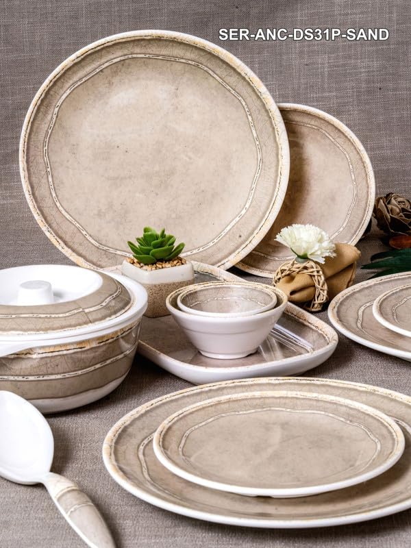 Servewell Melamine 31pcs Dinner Set (Dinner Plate, Small Plate, Veg. Bowl, Katori, Rect Platter, Serving Casserole with Lid & Trendy Serving Spoon) - Image 5
