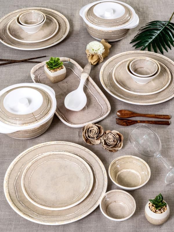 Servewell Melamine 31pcs Dinner Set (Dinner Plate, Small Plate, Veg. Bowl, Katori, Rect Platter, Serving Casserole with Lid & Trendy Serving Spoon) - Image 1