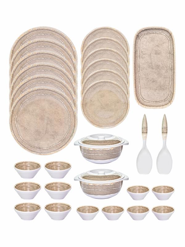 Servewell Melamine 31pcs Dinner Set (Dinner Plate, Small Plate, Veg. Bowl, Katori, Rect Platter, Serving Casserole with Lid & Trendy Serving Spoon) - Image 3