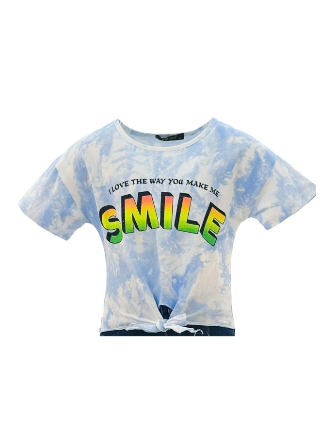 JOANNA JOANNA 23KY369B Girl's Front Tie With I Love The Way You Make Me Smile Quotes Round Neck Short Sleeve T-Shirt - Blue  - Image 1