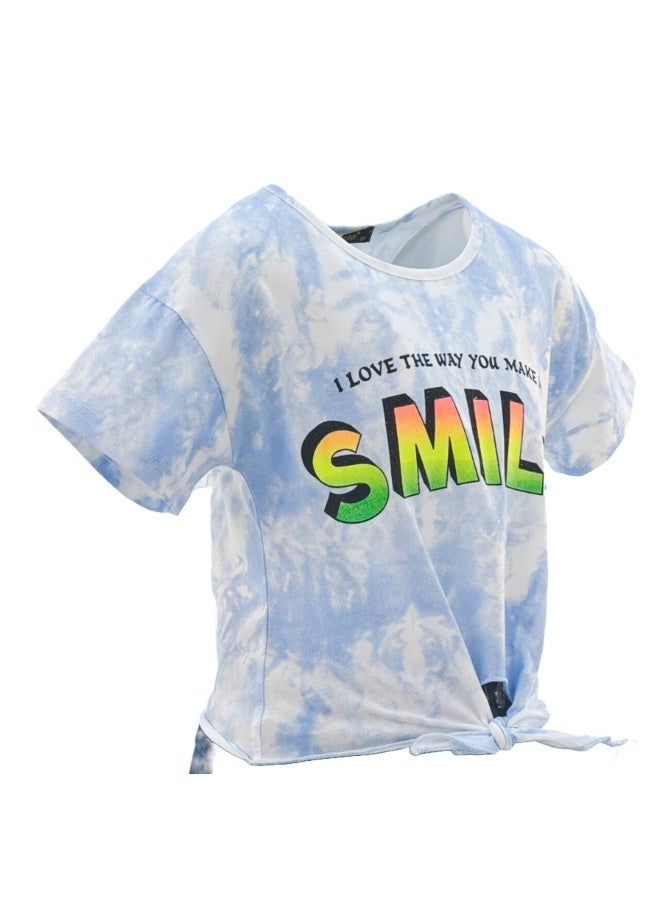 JOANNA JOANNA 23KY369B Girl's Front Tie With I Love The Way You Make Me Smile Quotes Round Neck Short Sleeve T-Shirt - Blue  - Image 2