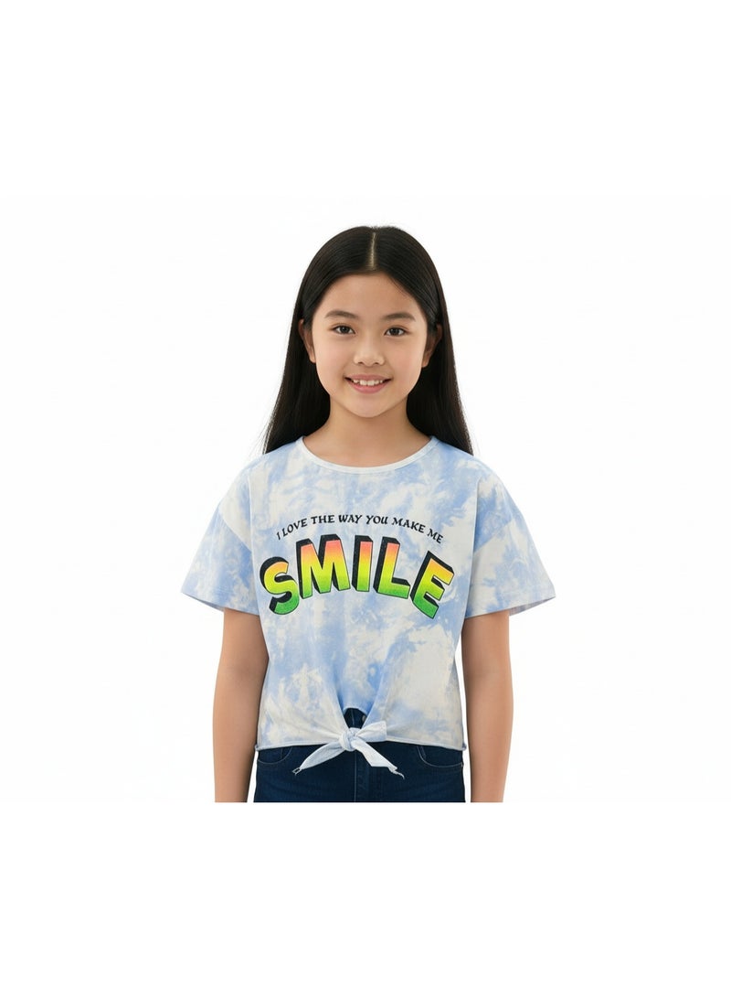 JOANNA 23KY369B Girl's Front Tie With I Love The Way You Make Me Smile Quotes Round Neck Short Sleeve T-Shirt - Blue - 2 Years - Image 1