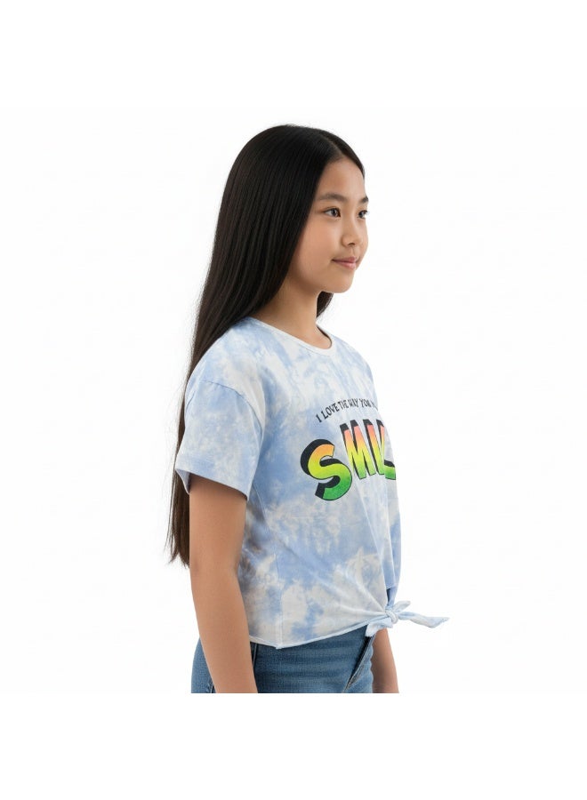 JOANNA 23KY369B Girl's Front Tie With I Love The Way You Make Me Smile Quotes Round Neck Short Sleeve T-Shirt - Blue - 2 Years - Image 2