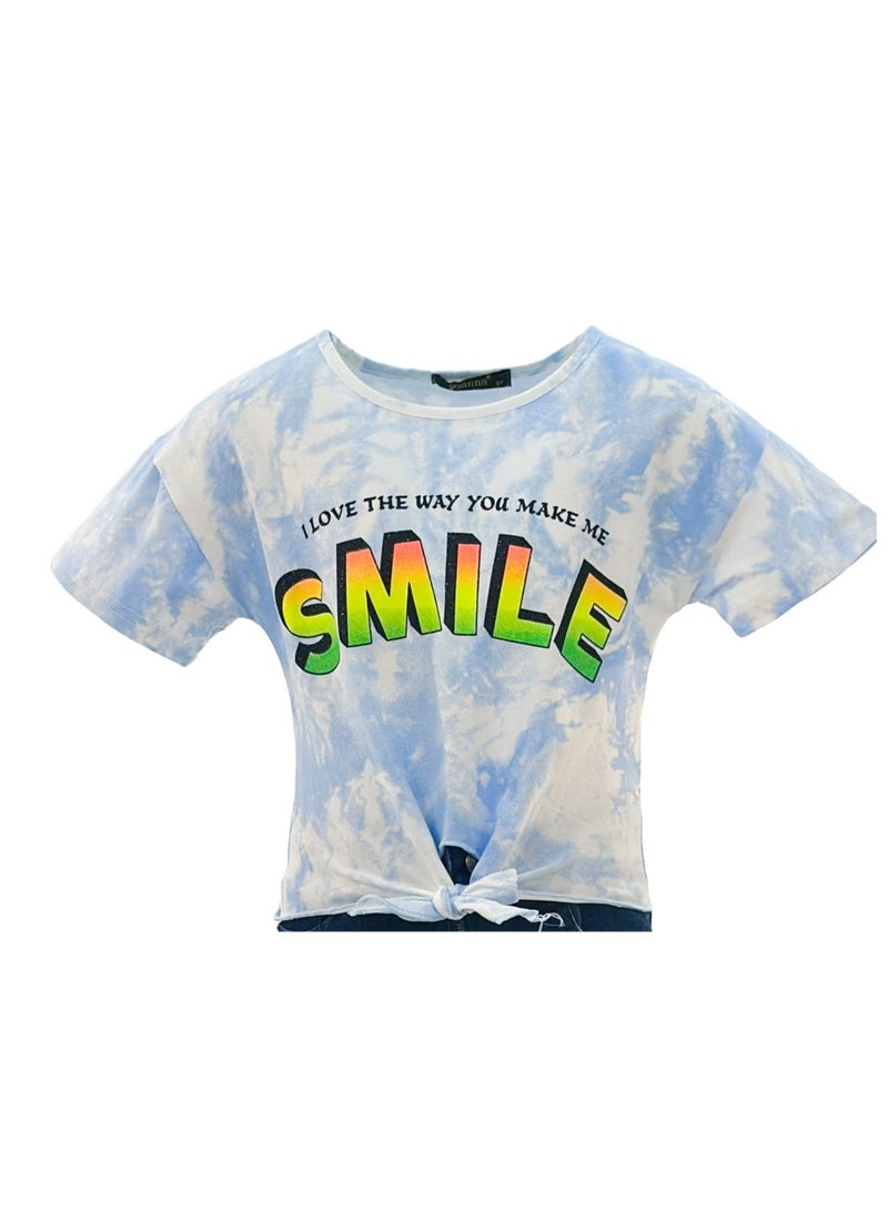JOANNA 23KY369B Girl's Front Tie With I Love The Way You Make Me Smile Quotes Round Neck Short Sleeve T-Shirt - Blue - 2 Years - Image 4