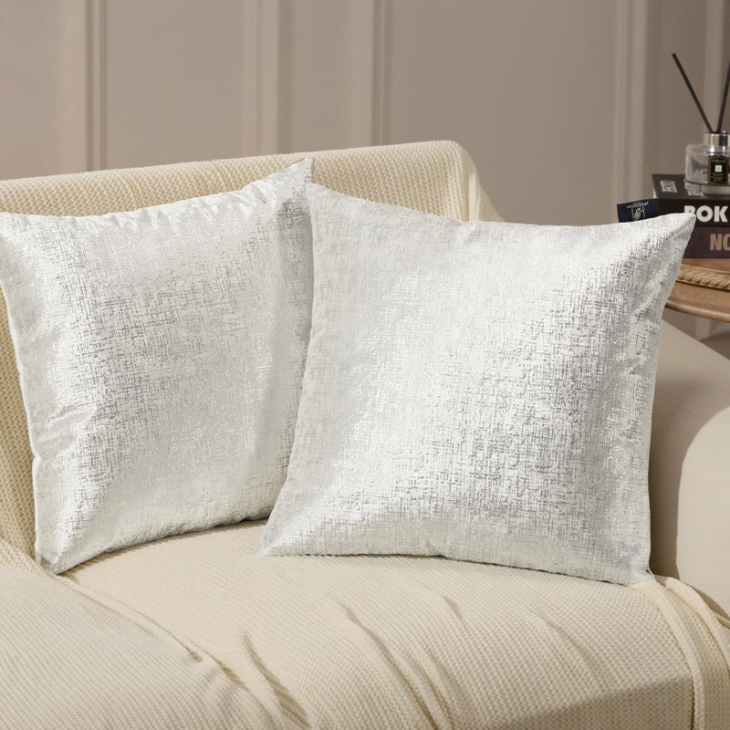 Phantoscope Pack of 2 Sparkling Velvet Decorative, Silver and White Decorative Velvet Pillow Cover, Solid Square Cushion Cover Pillowcase for Couch Bed and Chair, White, 18 x 18 inches, 45 x 45 cm - Image 1