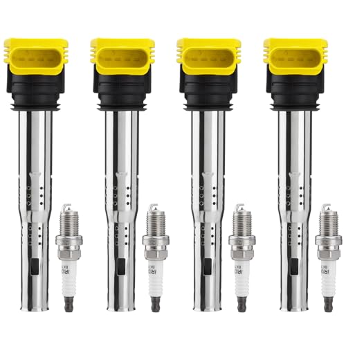 SPARKWHIZ Ignition Coil Packs UF529 & Spark Plugs 4644, Compatible with 2006-2016 VW Volkswagen Jetta MK5 MK6 GTI Rabbit Golf Passat CC 2005-2016 Audi A4 TT A5 Q7 A6 A7, Set of 4 - Image 1