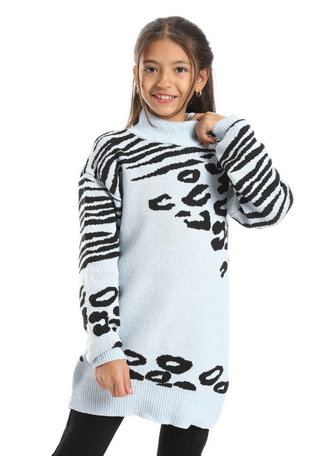 بلوفر صوف بناتي  مصمم برقبة عالية ونقوش دوائر وخطوط