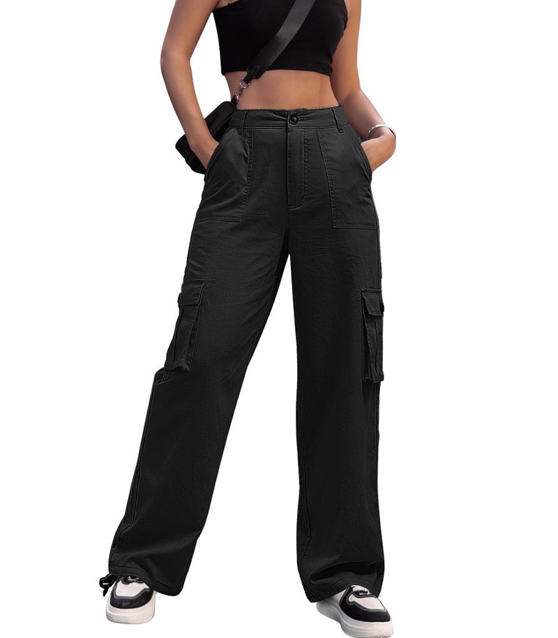 ZMPSIISA Women High Waisted Cargo Pants Wide Leg Casual Linen 6 Pockets Combat Military Trousers(Classic Black Linen,Medium) - Image 1