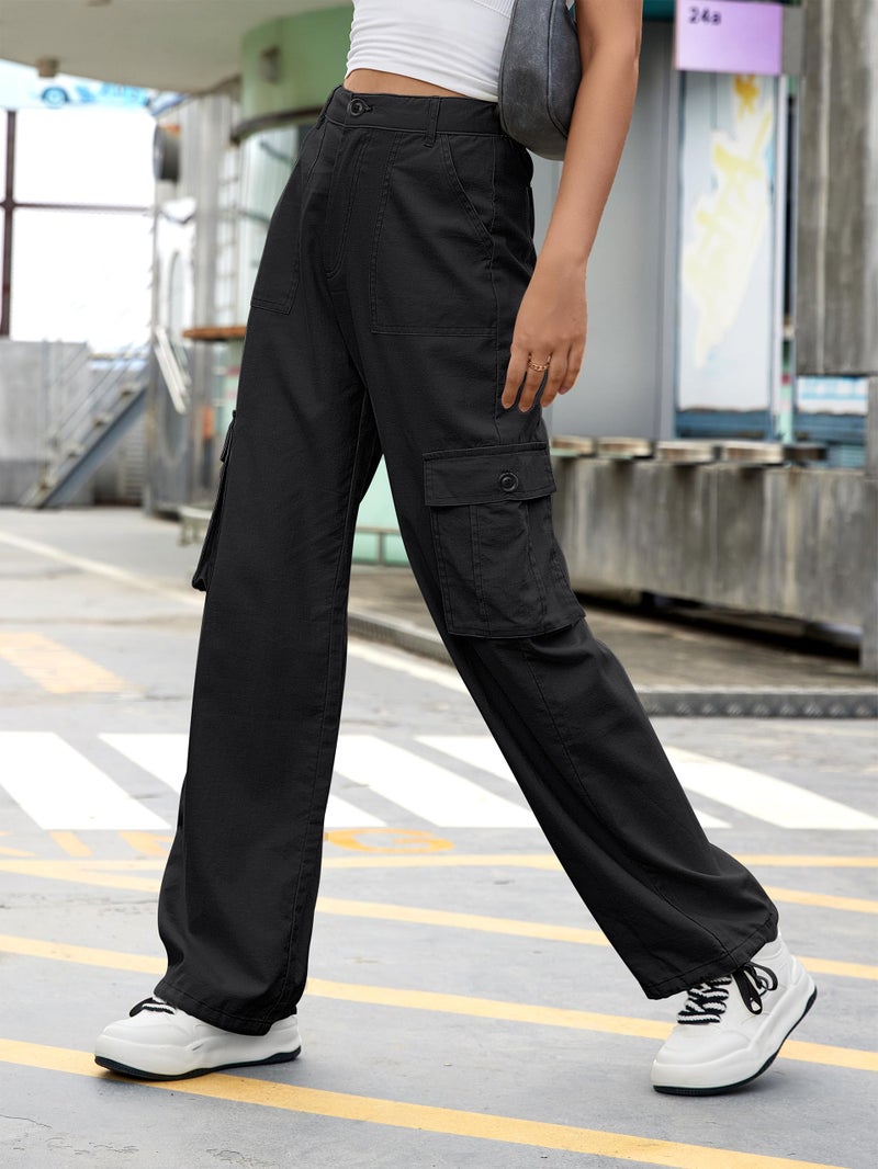 ZMPSIISA Women High Waisted Cargo Pants Wide Leg Casual Linen 6 Pockets Combat Military Trousers(Classic Black Linen,Medium) - Image 2