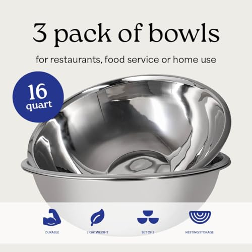 WHYSKO Large Mixing Bowls Set of 3 Stainless Steel 16 Quart Bowls for Restaurants Food Service Caterers and Home Kitchen Use Rust Proof Bowls Great for Meal Prep Baking Serving Food Storage - Image 3