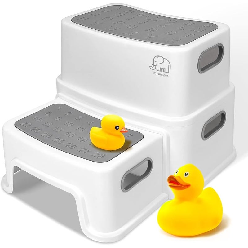 Forbena Toddler Step Stool for Bathroom Sink, 2 Step Stool for Kids Toilet Potty Training, Non-Slip Toddlers Baby Child Kid Plastic Poop Stools with Handle to Reach Kitchen Counter Bed (White-Grey) - Image 1