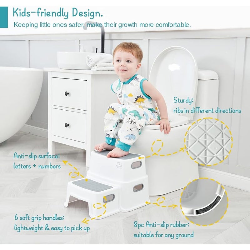 Forbena Toddler Step Stool for Bathroom Sink, 2 Step Stool for Kids Toilet Potty Training, Non-Slip Toddlers Baby Child Kid Plastic Poop Stools with Handle to Reach Kitchen Counter Bed (White-Grey) - Image 3