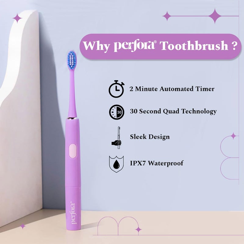 Perfora Electric Toothbrush 002 | AAA Powered 90 Days Battery Life | Ultra Soft Dupont Vibrating Bristles | Electric brush for Adult Men & Women | 1 Brush & 4 Brush Heads | Lilac Lavender - Image 5