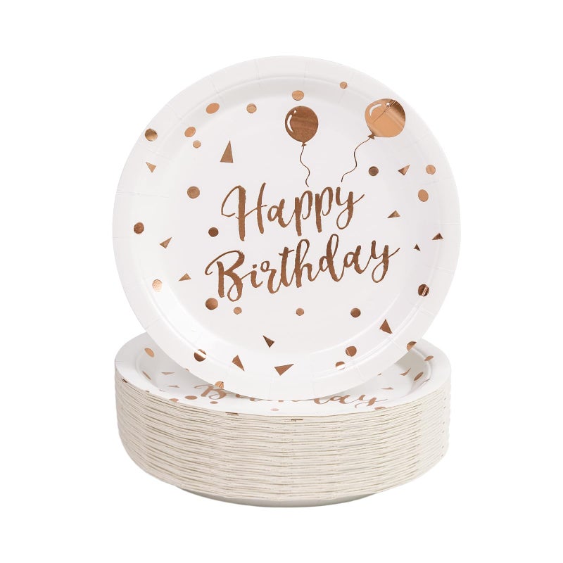PUEVENYI 50PCS Happy Birthday Paper Plates - 7Inch White Dessert Plates with Rose Gold Dots  Triangular Flag & Balloons Paper Plates for Cake Fruit Salad Pizza Disposable Decoration Supplies for Birthday Party - Image 1