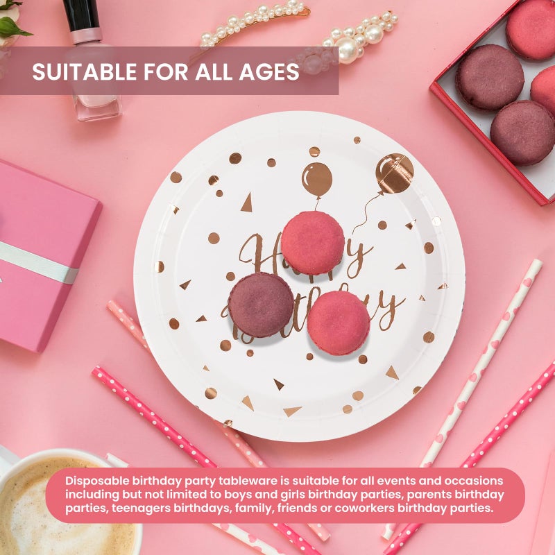 PUEVENYI 50PCS Happy Birthday Paper Plates - 7Inch White Dessert Plates with Rose Gold Dots  Triangular Flag & Balloons Paper Plates for Cake Fruit Salad Pizza Disposable Decoration Supplies for Birthday Party - Image 4