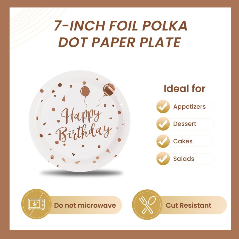 PUEVENYI 50PCS Happy Birthday Paper Plates - 7Inch White Dessert Plates with Rose Gold Dots  Triangular Flag & Balloons Paper Plates for Cake Fruit Salad Pizza Disposable Decoration Supplies for Birthday Party - Image 3