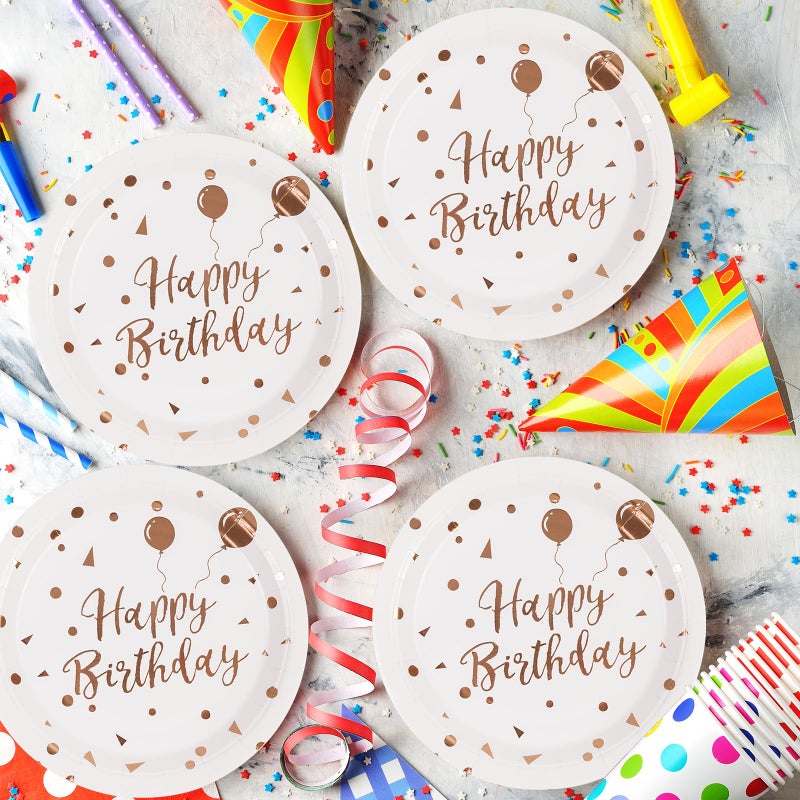 PUEVENYI 50PCS Happy Birthday Paper Plates - 7Inch White Dessert Plates with Rose Gold Dots  Triangular Flag & Balloons Paper Plates for Cake Fruit Salad Pizza Disposable Decoration Supplies for Birthday Party - Image 5