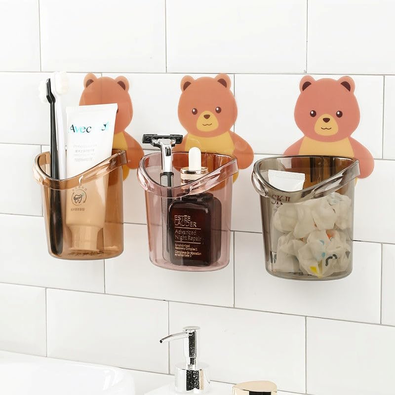 SISHI DECORS Sishi Teddy Bear Self-Adhesive Toothbrush Holder Plastic Stand for Toothpaste, Comb, Brush, Cream, Lotion Kids Bathroom Cup Drain Waterproof (Set of 2 Pcs) - Image 3