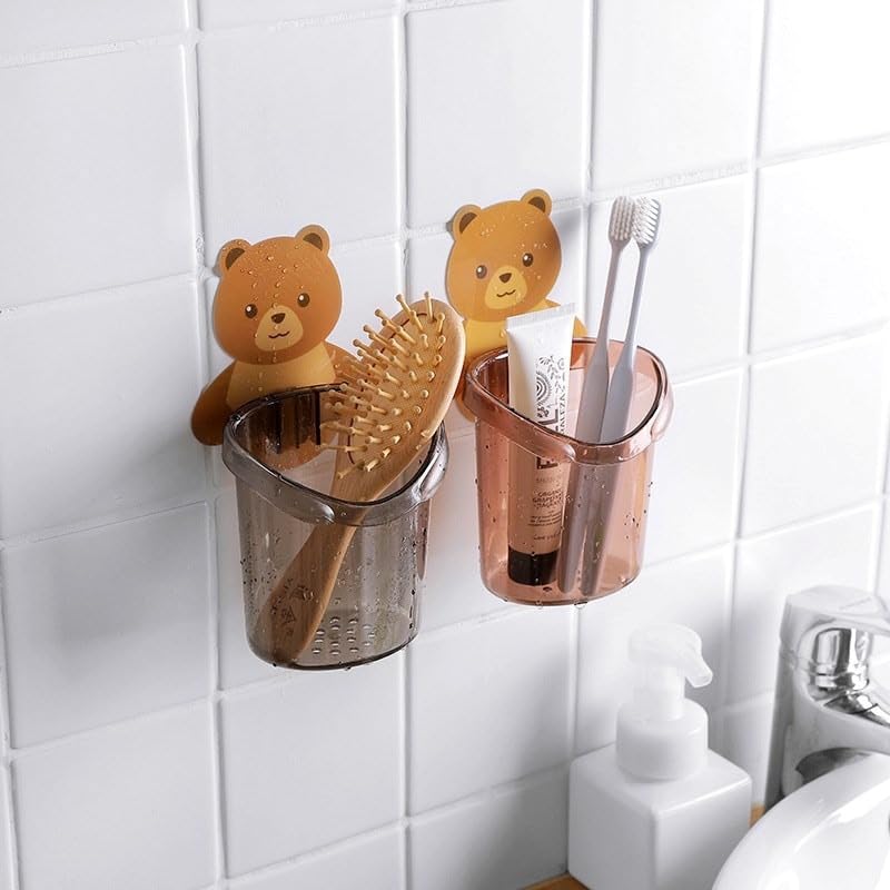 SISHI DECORS Sishi Teddy Bear Self-Adhesive Toothbrush Holder Plastic Stand for Toothpaste, Comb, Brush, Cream, Lotion Kids Bathroom Cup Drain Waterproof (Set of 2 Pcs) - Image 2