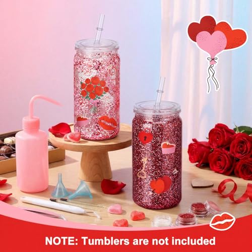 Loopeer 23 Pcs Valentines Snow Globe Tumbler Supplies DIY Kit Include Glitter Sequins 8.5 oz Squeeze Bottle Tweezer Funnels Bent Needle Sticks UV Transfer Stickers for DIY Valentines Snowglobe Cup - Image 5
