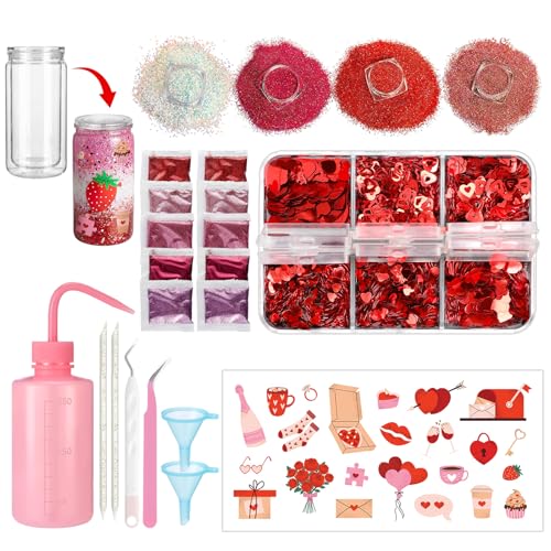 Loopeer 23 Pcs Valentines Snow Globe Tumbler Supplies DIY Kit Include Glitter Sequins 8.5 oz Squeeze Bottle Tweezer Funnels Bent Needle Sticks UV Transfer Stickers for DIY Valentines Snowglobe Cup - Image 1
