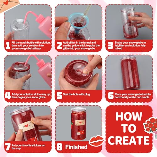 Loopeer 23 Pcs Valentines Snow Globe Tumbler Supplies DIY Kit Include Glitter Sequins 8.5 oz Squeeze Bottle Tweezer Funnels Bent Needle Sticks UV Transfer Stickers for DIY Valentines Snowglobe Cup - Image 4