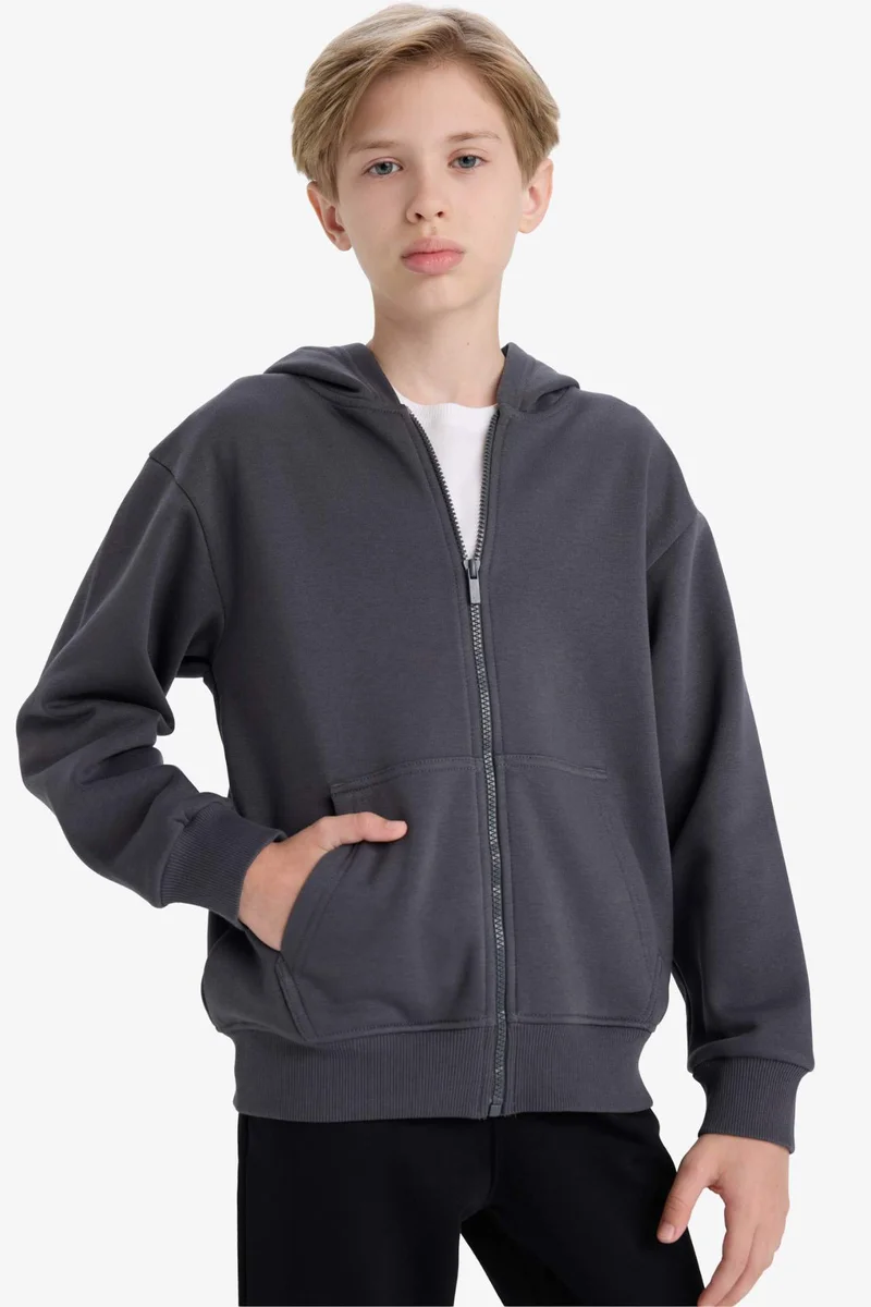 ديفاكتو Boy Hooded Basic Zippered Sweatshirt