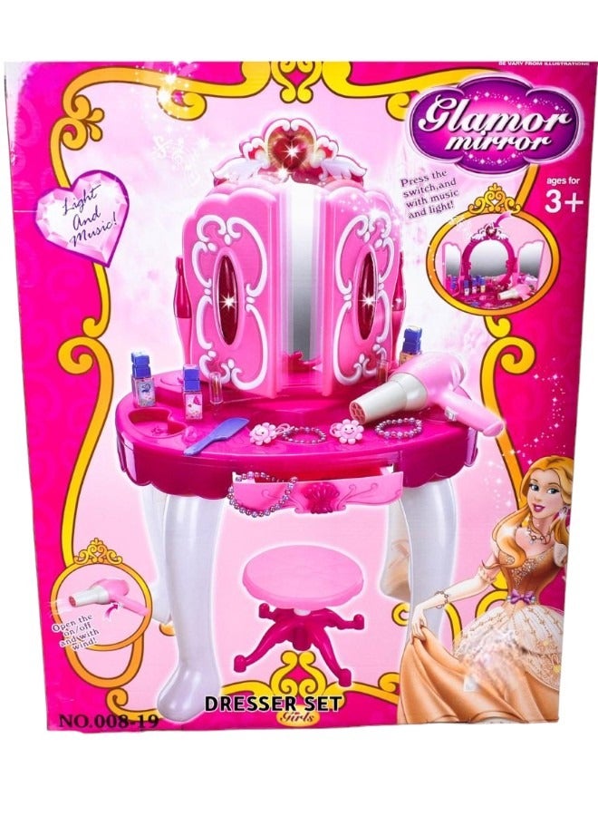 Toy Box Girls Pink Musical Dressing Table Vanity Light­ Mirror Play Set Toy Glamour Make Up Desk With Stool