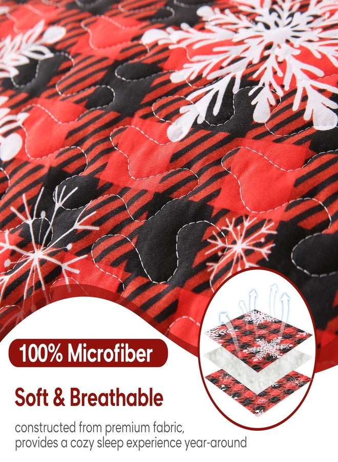 JSD Red Buffalo Plaid Snowflakes Quilt Set King Size, 3 Piece Christmas Quilted Bedspread, All Season Microfiber Coverlet with Pillow Sham - Image 2