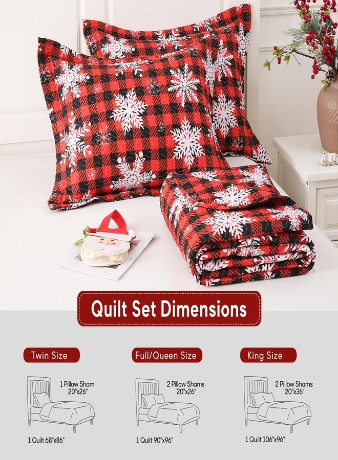 JSD Red Buffalo Plaid Snowflakes Quilt Set King Size, 3 Piece Christmas Quilted Bedspread, All Season Microfiber Coverlet with Pillow Sham - Image 4
