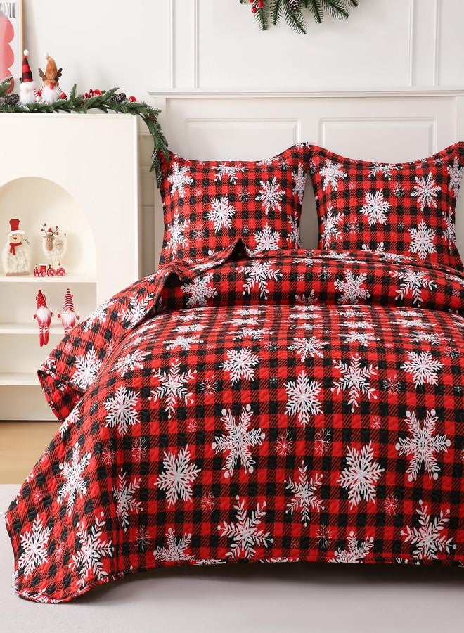 JSD Red Buffalo Plaid Snowflakes Quilt Set King Size, 3 Piece Christmas Quilted Bedspread, All Season Microfiber Coverlet with Pillow Sham - Image 1