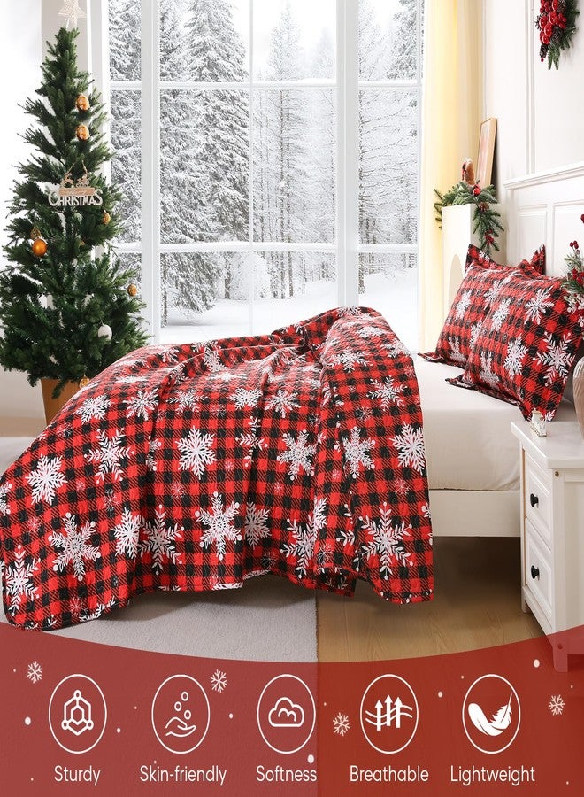 JSD Red Buffalo Plaid Snowflakes Quilt Set King Size, 3 Piece Christmas Quilted Bedspread, All Season Microfiber Coverlet with Pillow Sham - Image 3