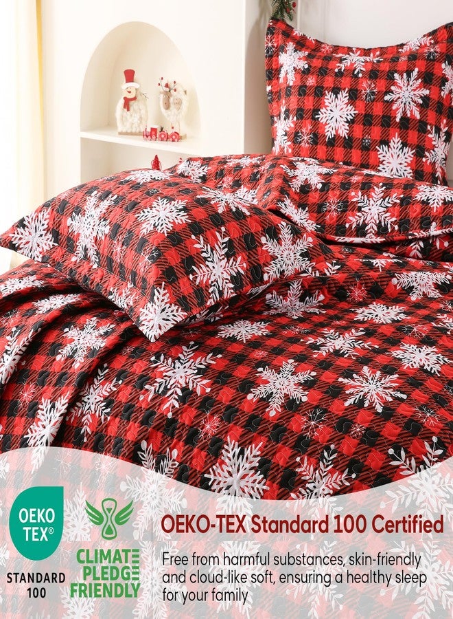 JSD Red Buffalo Plaid Snowflakes Quilt Set King Size, 3 Piece Christmas Quilted Bedspread, All Season Microfiber Coverlet with Pillow Sham - Image 5
