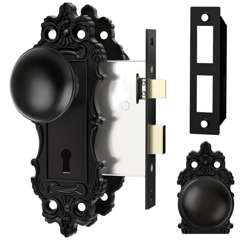 CEYMIO Mortise Lock Door Knobs Interior Matte Black Door Knob Antique Door Handle Skeleton Key Privacy Vintage Door Locks for Bedrooms Bathroom - Image 2